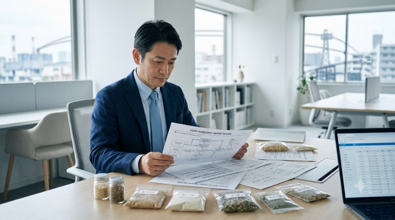 中国産食品原料の輸入前資料を確認する担当者のイメージ