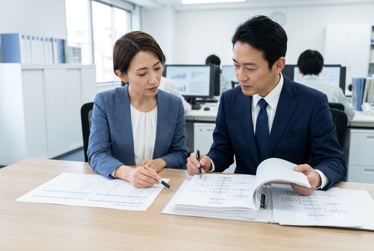 中日間で食品原料の技術資料と製造工程を確認するイメージ