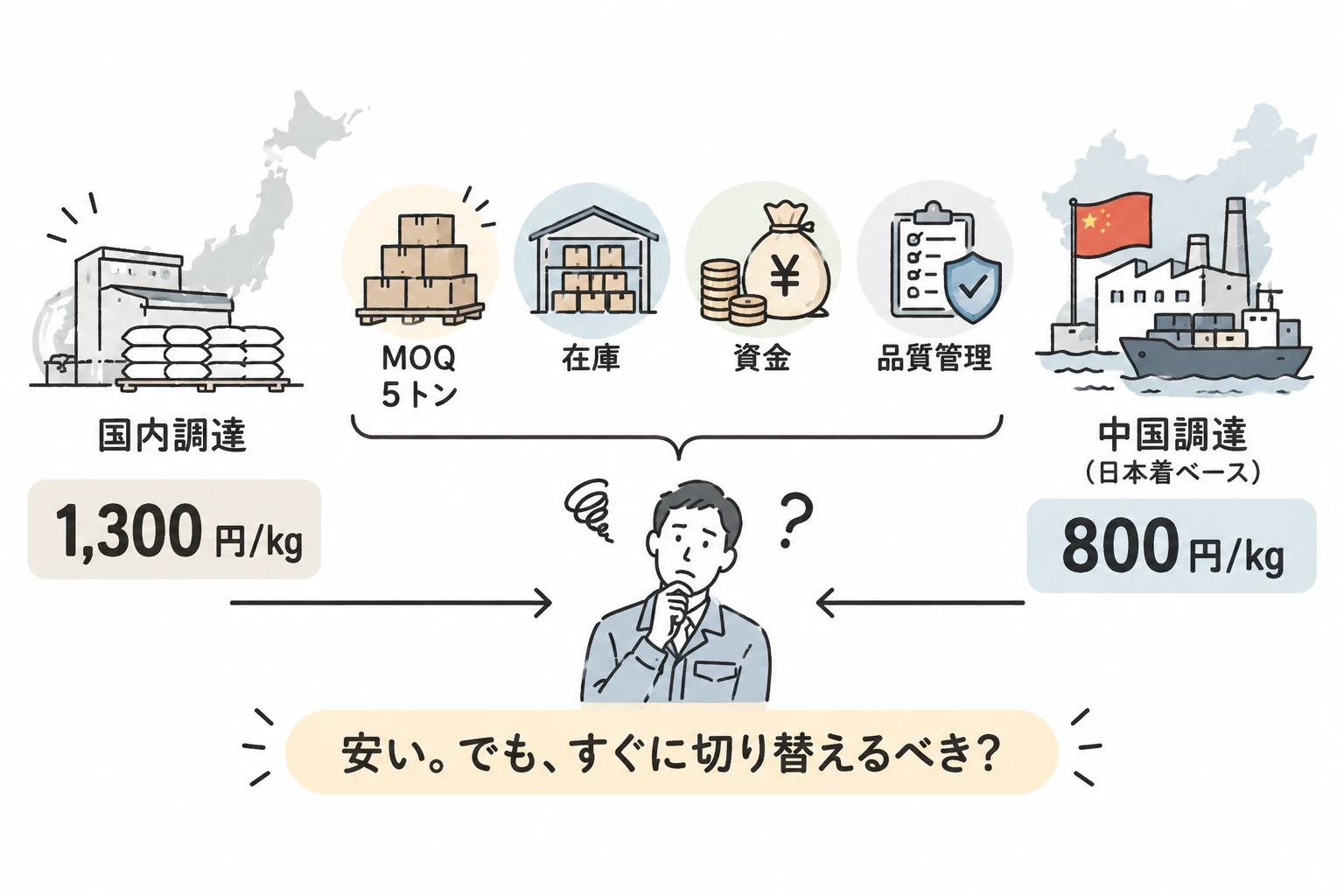 中国調達の価格差とMOQ・在庫・資金・品質管理を比較する図
