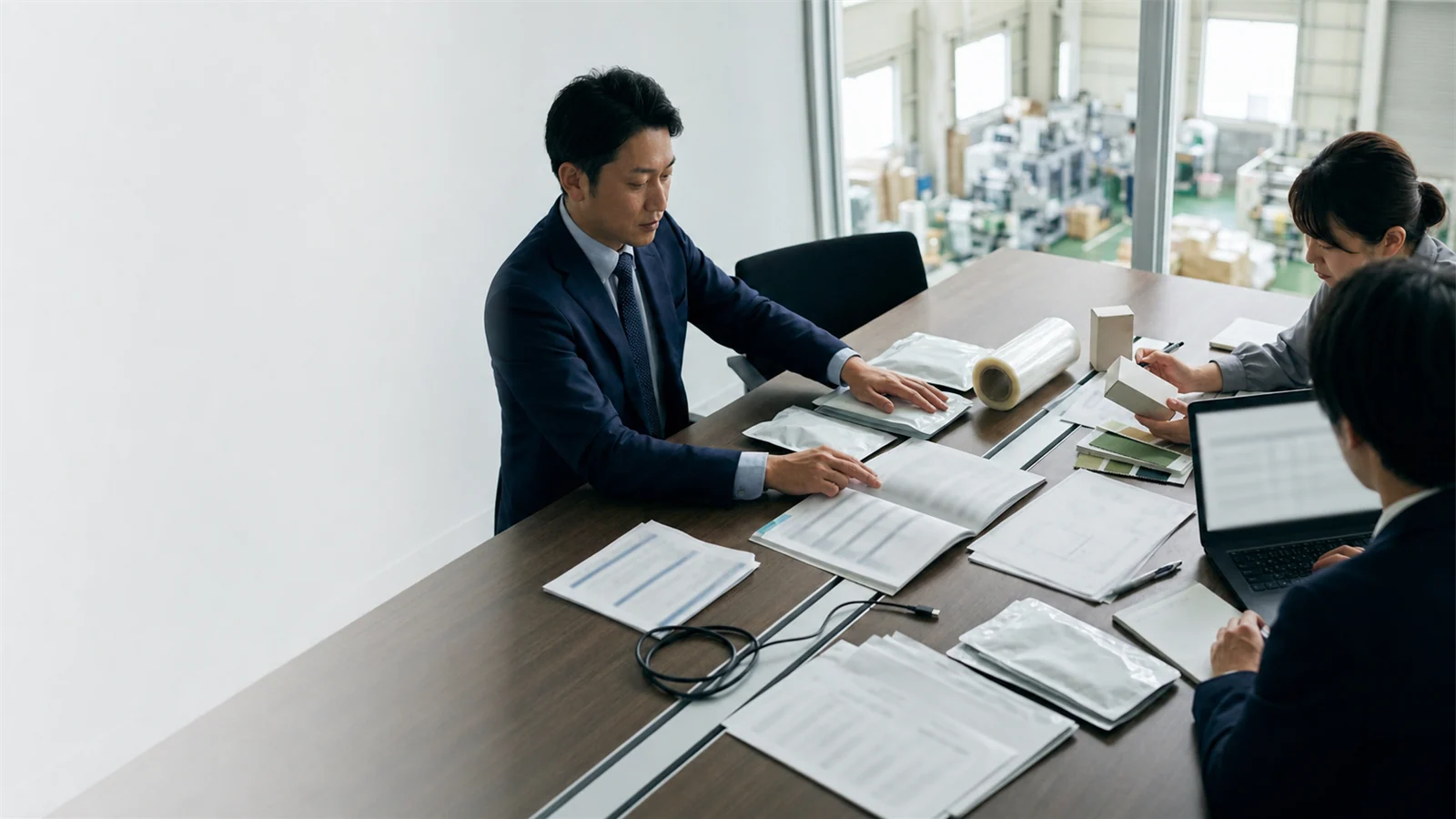 包装サンプルと仕様書を確認する商談風景